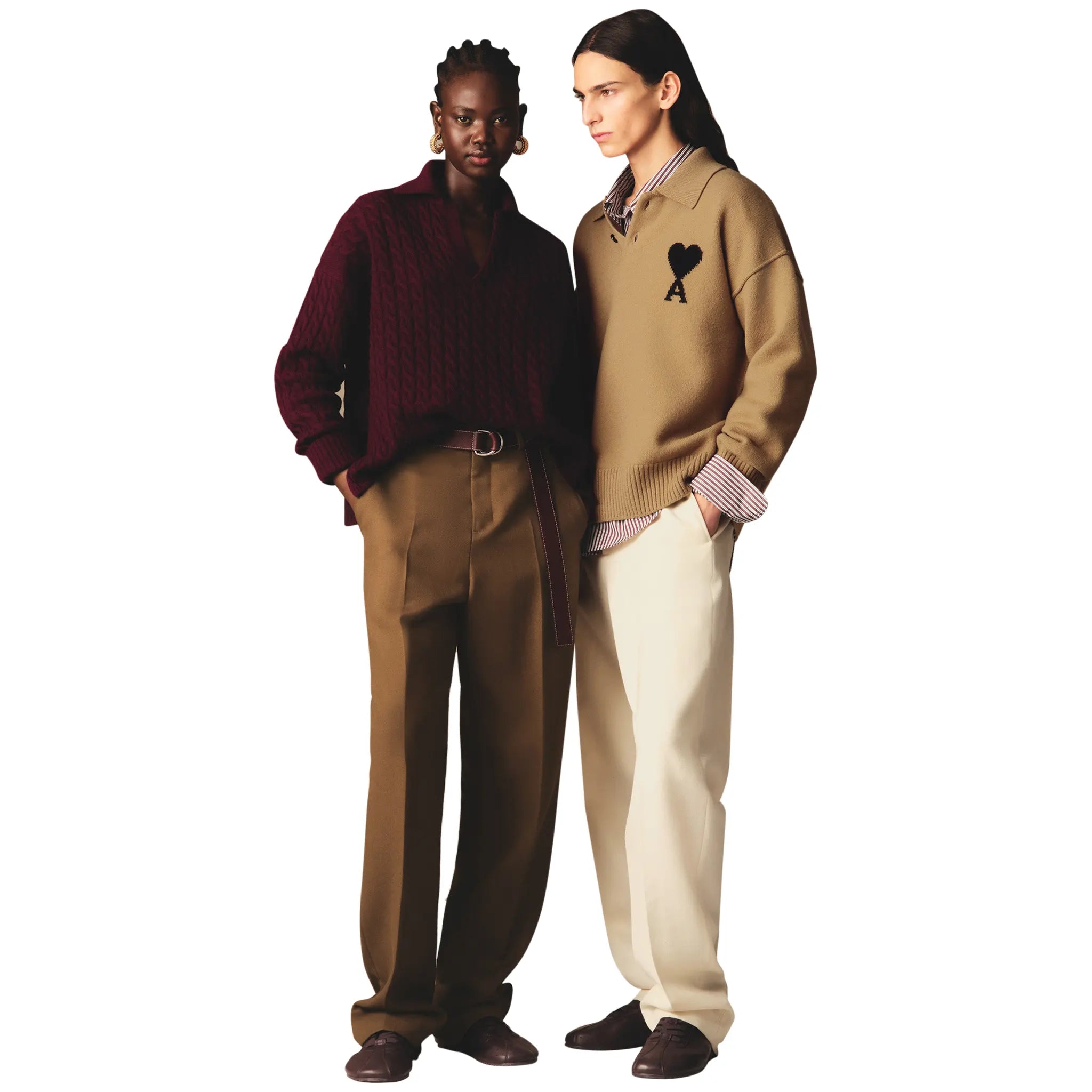 Model View of Ami Paris ADC Knitted Tan Polo Sweatshirt UPL409-018-288